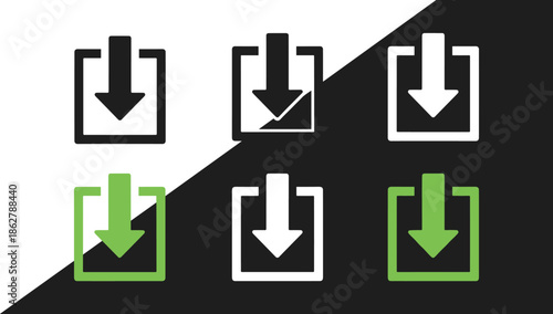 Download arrow icon set with framed symbols file transfer buttons modern UI design on dark light backgrounds