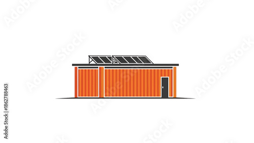 A stylized illustration depicting an orange industrial building.  The structure has a flat roof with panels on top. A dark door is centered. A simple design on white