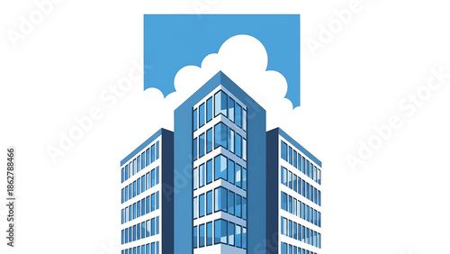 A stylized illustration depicting a modern building with blue facades, many windows, and a cloud-filled sky. The building is in perspective