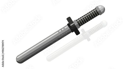 A stylized illustration depicting a monochromatic baton, slightly angled. A faint, lighter-toned version overlays. The background is white