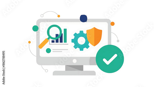 A stylized illustration depicting data analysis, security, and verification. It features a computer screen with charts, gears, a shield, and a check mark
