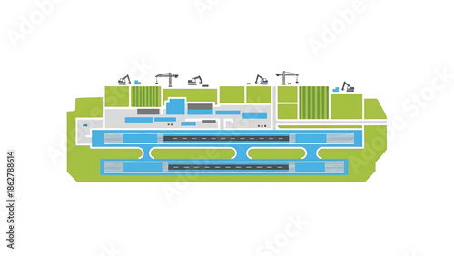 A stylized illustration depicting a top-down view of an airfield with runways, taxiways, buildings, and construction vehicles