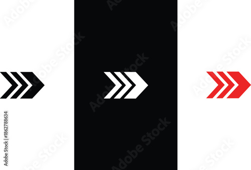 Forward arrow chevron icons with double and triple direction symbols minimal navigation design on contrasting backgrounds vector set