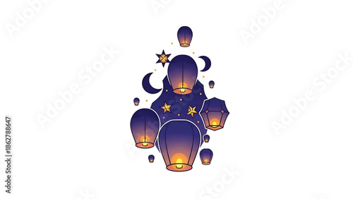 A stylized illustration features a collection of floating lanterns against a starry sky backdrop. There are crescent moons and stars present