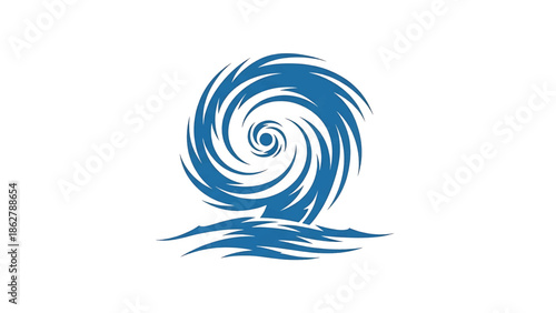 A stylized illustration depicting a swirling vortex, resembling a hurricane, above stylized water, all rendered in shades of blue