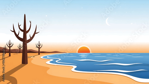 A stylized illustration features a coastline with a sandy beach and ocean, a bright sunset, and a crescent moon with barren trees
