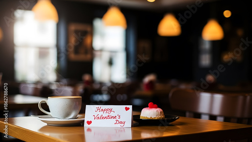 Cozy cafe setting with cup dessert and valentine's day card