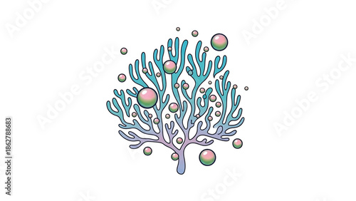 A stylized illustration features a coral-like form with a gradient from teal to purple. Pink orbs of varying sizes float around it
