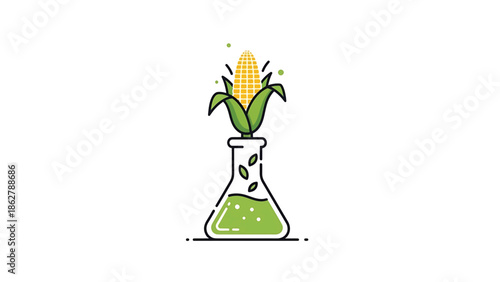A stylized illustration features a corn plant emerging from a laboratory flask. The corn has detailed kernels, green leaves, and the flask contains a bubbly green liquid