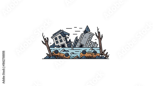 A stylized illustration depicts a flooded cityscape. Buildings are damaged, cars are submerged, and barren trees stand. A disaster scene