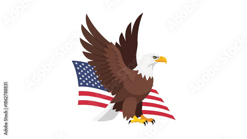 A stylized illustration features a bald eagle with outstretched wings and a waving flag behind it, against a white background