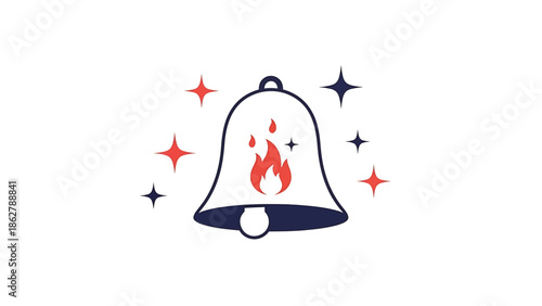 A stylized illustration features a bell shape with flames inside, surrounded by star-like bursts on a white background. The colors are red, blue, and white