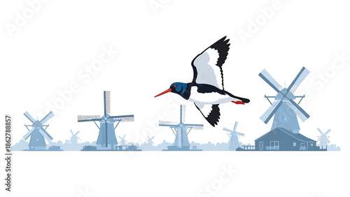 A stylized illustration features a bird in flight against a backdrop of windmills rendered in a monochromatic palette. The bird has distinct markings