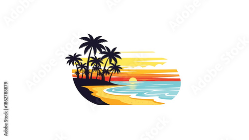A stylized illustration features a beach scene. Silhouetted palm trees line a shore with sand and lapping waves, set under a colorful sunset