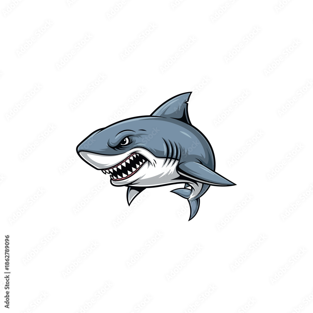Fototapeta premium A cartoon shark is swimming in the ocean with its mouth open, showcasing sharp teeth, a common scene in marine life illustrations.