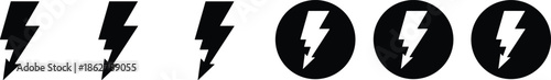 Lightning bolt energy icon set representing power, electricity, charging, and high voltage warning symbols