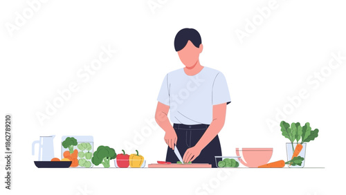 A person chopping vegetables in a kitchen