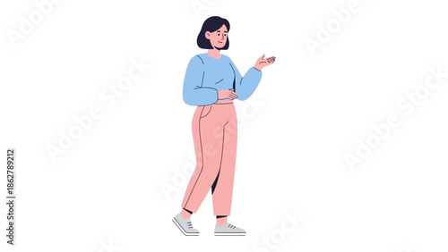 A young woman standing and gesturing with her hand in a casual stance