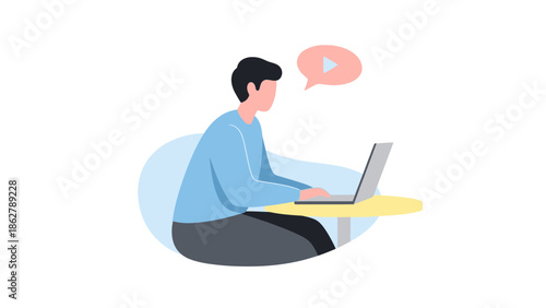 Man sitting on floor working on laptop with speech bubble above