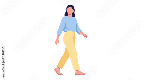 A woman walking alone in a relaxed environment, captured from a front viewpoint