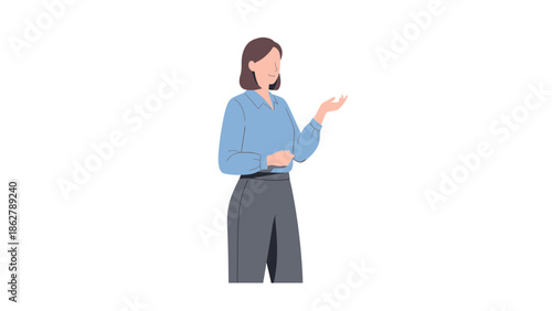 A woman gesturing while standing against a white background