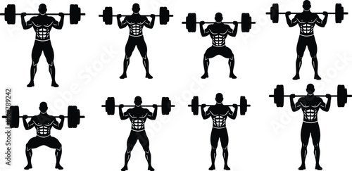 Bodybuilder lifting barbell silhouette set, gym workout poses collection, fitness training vector illustration pack, muscular athlete exercise design