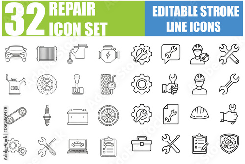 Repair Icon Set - Fix, Toolbox, Repairman, Recovery, Setting, Restoration, Car Service, Construction, Maintenance, Wrench, Tools and More - Editable Line Icons, Vector Illustration for Adobe Stock and
