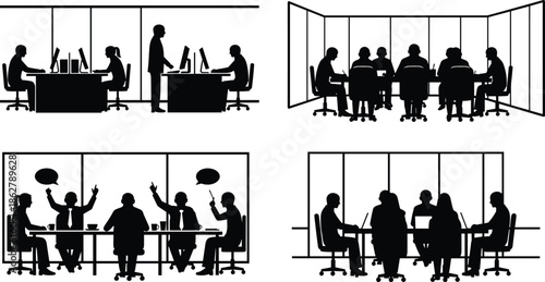 Corporate office teamwork silhouettes, business meeting discussion scenes, professional workspace collaboration icons, employees working together in modern workplace environment illustration