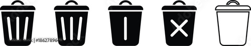 Trash bin delete icon set with filled and outline styles for ui ux interface design