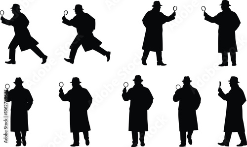 Detective silhouette collection, investigator with magnifying glass poses, mystery crime scene illustration set, black vector character design pack