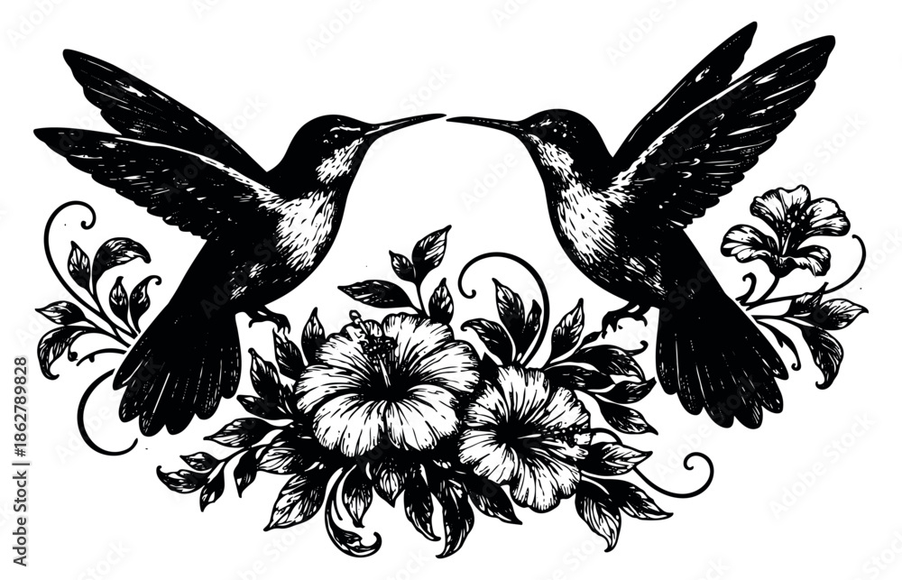 Fototapeta premium Hand drawn line art illustration of two hummingbirds depicting a tropical floral arrangement for decoration