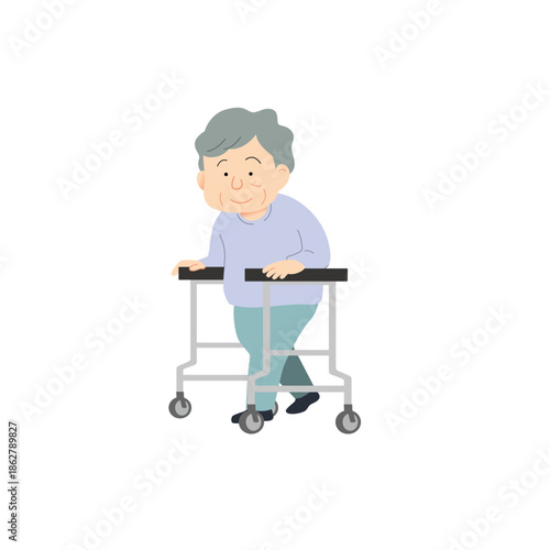 歩行器を使うシニア女性のイラスト