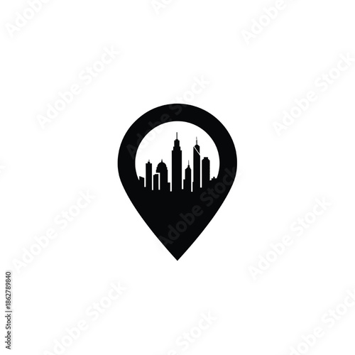 City skyline pin map icon with urban skyline silhouette inside location marker for travel and maps.