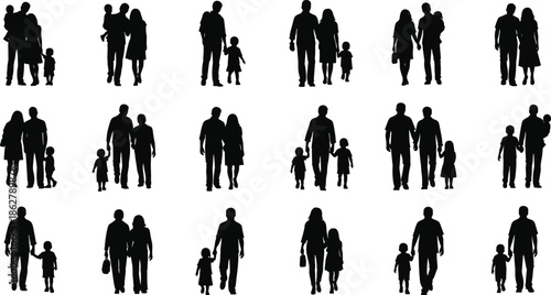Family walking silhouette set, parents and children together, happy family illustration collection, black vector people poses, modern flat design