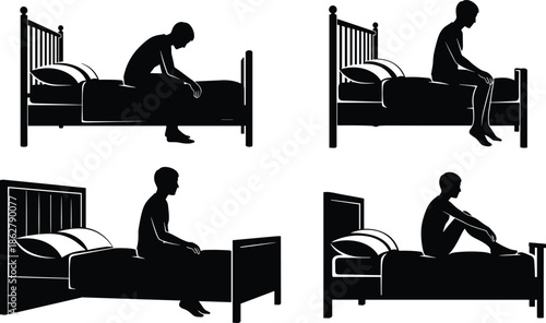 Man sitting on bed silhouette set, depressed posture collection, sad human figure poses, bedroom scene illustration, black vector design pack