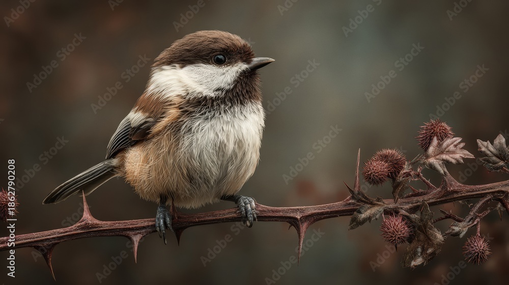 Obraz premium Fluffy bird perches on thorny branch in garden setting during the soft morning light