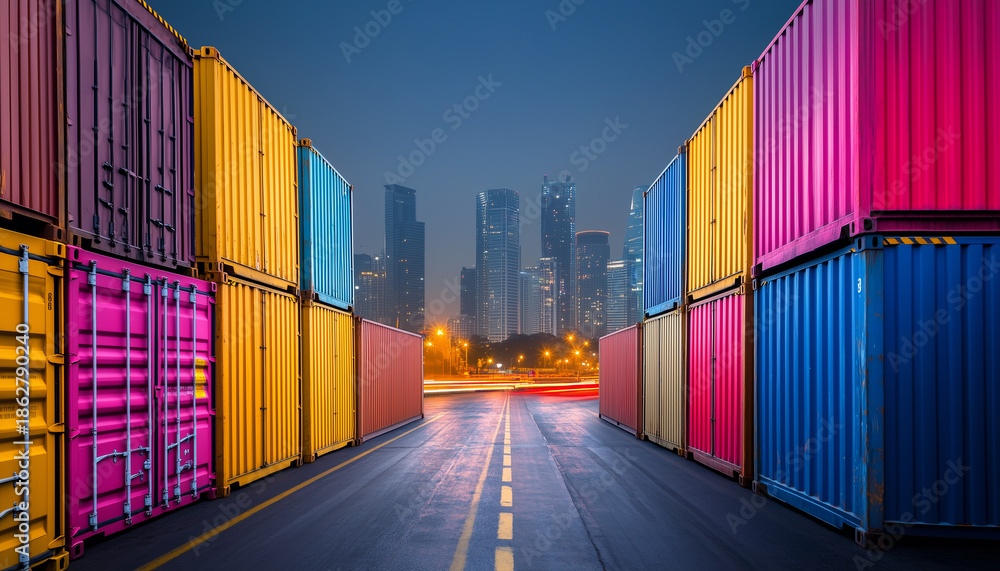 Fototapeta premium Sea port full of cargo container on evening background. Delivery global transport trade business concept