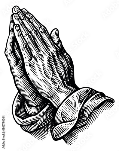 Hand drawn line art illustration of praying hands depicting devotion for spiritual design