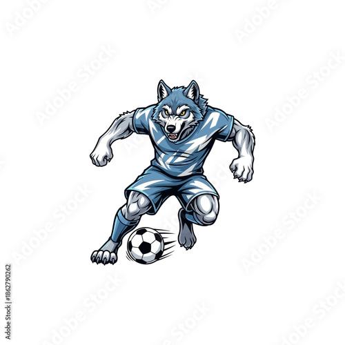 Wolf character playing soccer on a white background