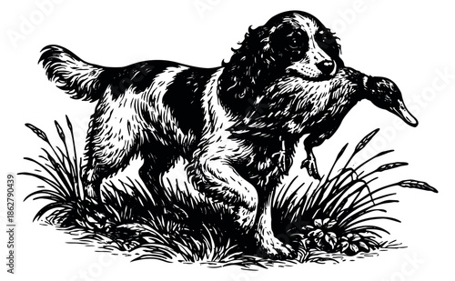 Vintage line art illustration of a hunting dog and duck depicting a spaniel retrieving game for hunting and wildlife concepts