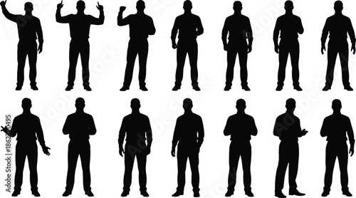 Male standing silhouette poses, business man shadow figures, human body posture set, professional gesture collection, black vector illustration pack
