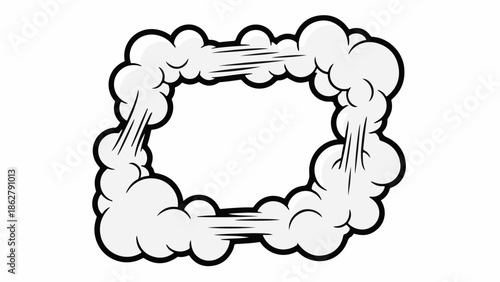 A dynamic comic book style rectangular frame formed by light gray smoke clouds with black outlines and speed lines