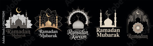 Ramadan mubarak decorative frame black mosque silhouette elegant greeting card background illustration design