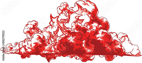 A dynamic explosion of red and white clouds, hinting at fire or energy