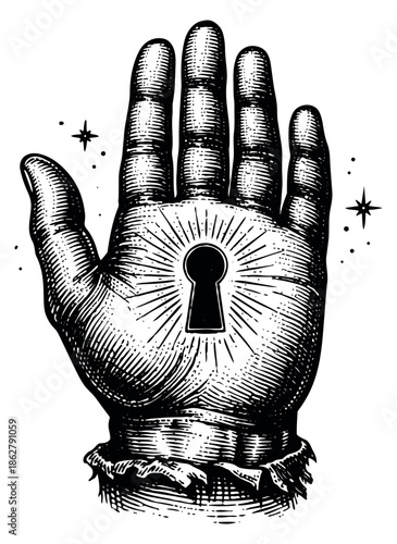 Hand drawn line art illustration of a human hand depicting a keyhole surrounded by radiating light for mystery and enlightenment concepts