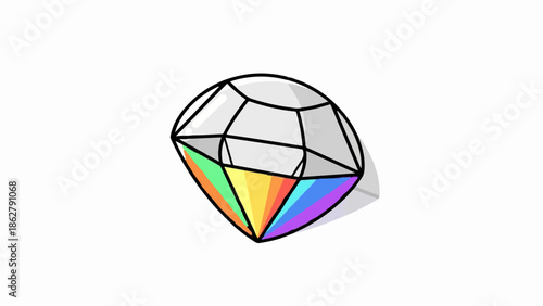 A faceted gem with a rainbow of colors on its lower half and gray on top