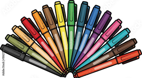 A fan of vibrantly colored markers fanned out against a white background