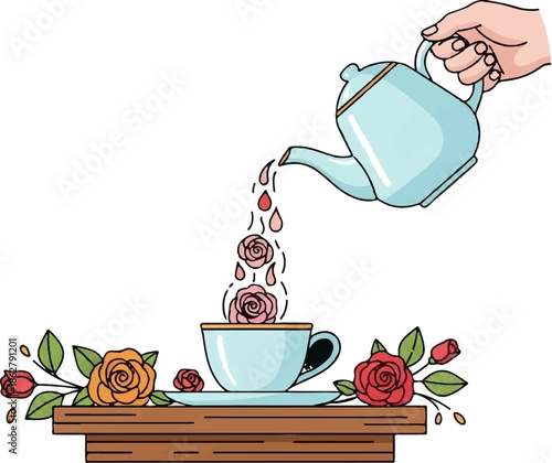 A hand pours rose petals and liquid drops from a teapot into a teacup, surrounded by roses