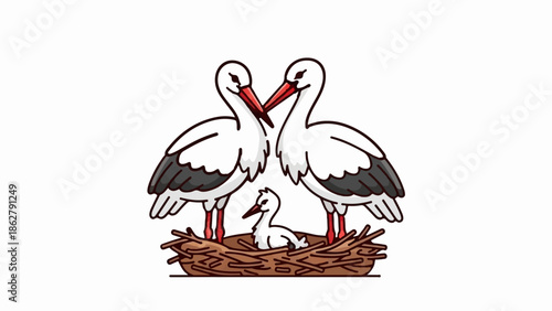 A cute cartoon illustration depicts a family of storks with two adults tending to a chick in a nest