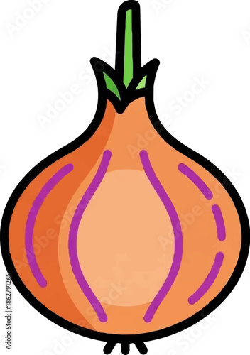 A hand-drawn icon of an orange onion with purple accents and green sprout